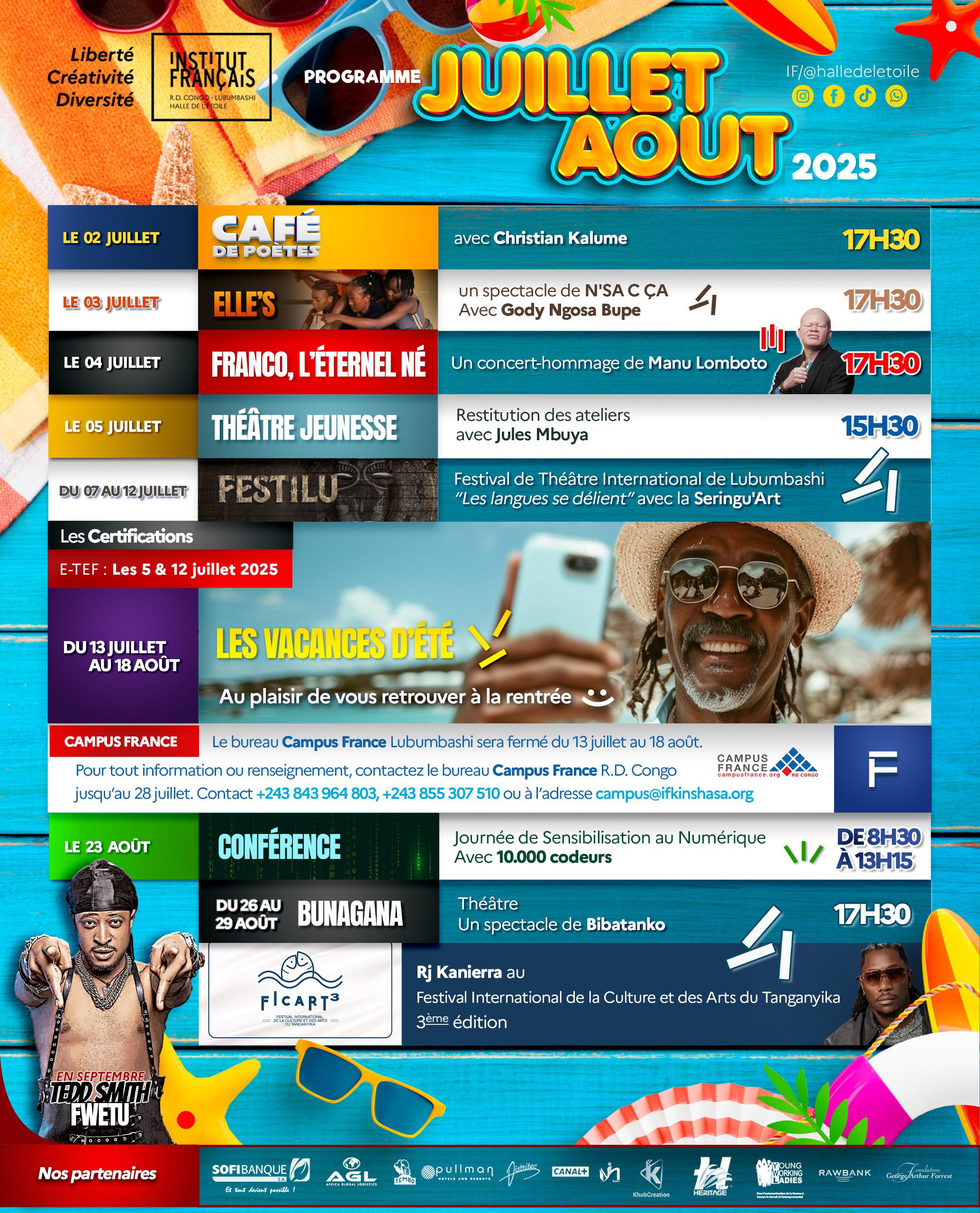 🌞 Programme de juillet et août, 100% culture à l’Institut Français de Lubumbashi !